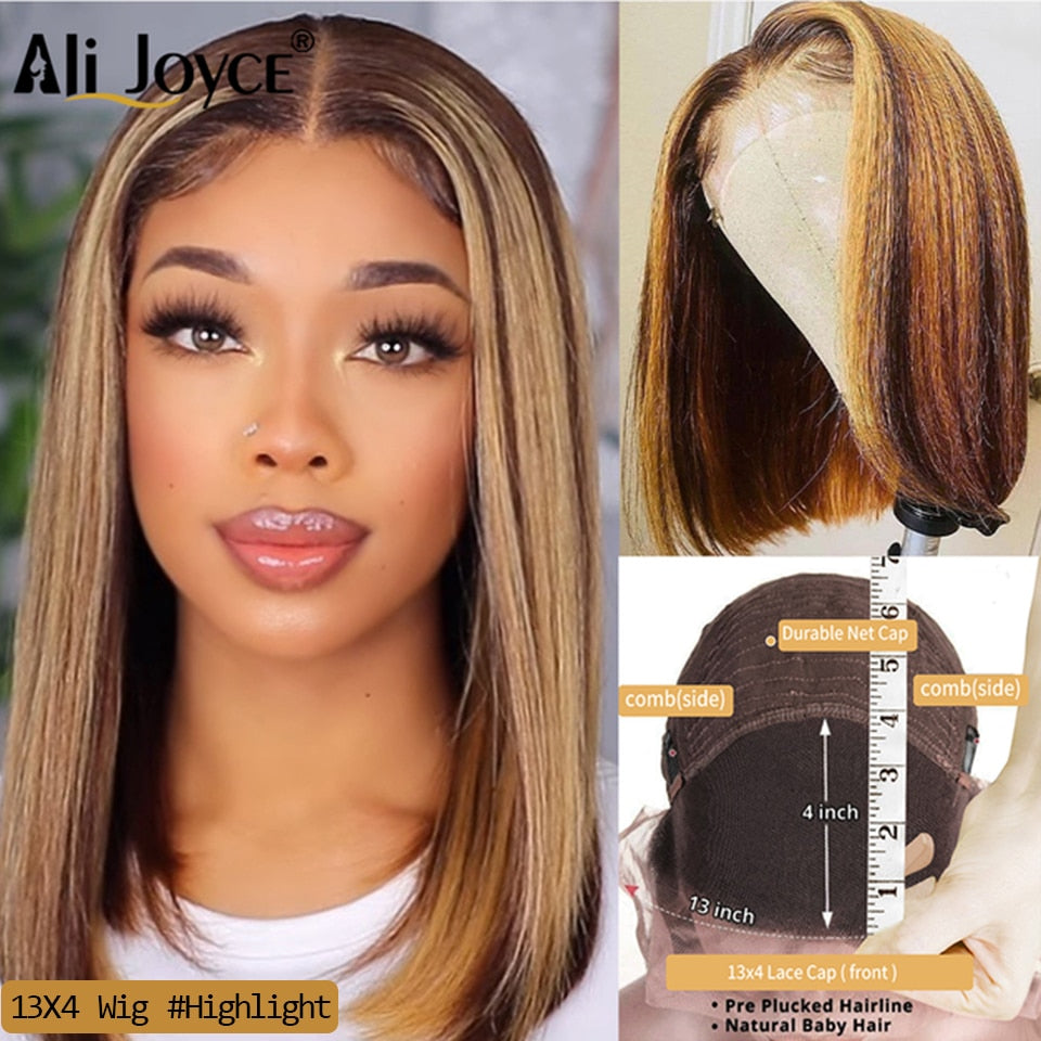 Straight Bob Wig 13X4 Lace Front Wigs For Black Women Highlight Wigs Remy Hair Brazilian Colored Short Bob Ombre Human Hair Wigs