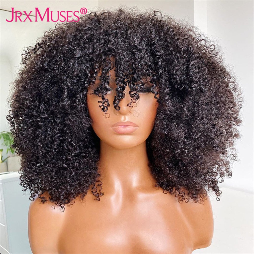 200 Density Curly Wig With Bangs Human Hair Wigs Machine Made Fringe Short Bob Wig Thick Afro Kinky Curly Wigs For Black Women