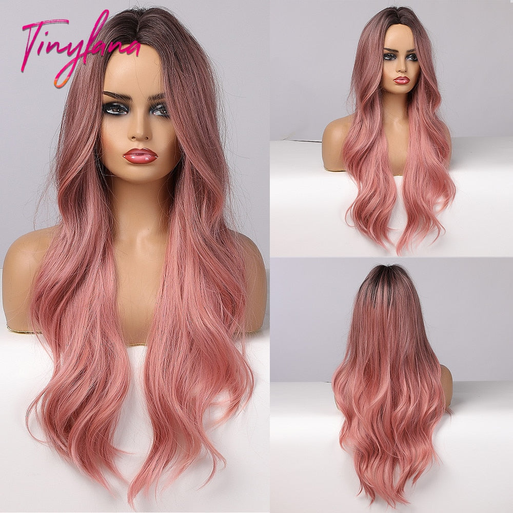 TINY LANA Long Wavy Blonde Synthetic Wigs with Highlights Middle Part for Afro Women Cosplay Natural Hair Heat Resistant Fibre