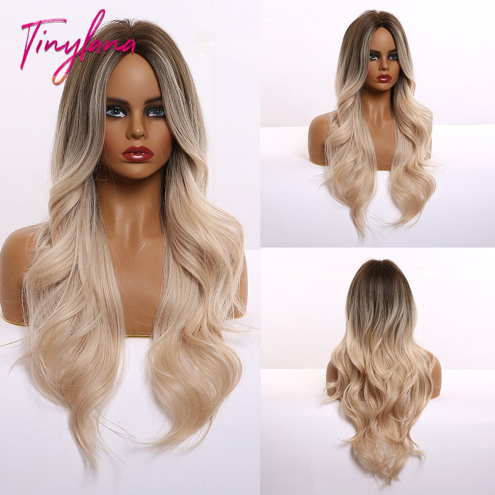 TINY LANA Long Wavy Blonde Synthetic Wigs with Highlights Middle Part for Afro Women Cosplay Natural Hair Heat Resistant Fibre