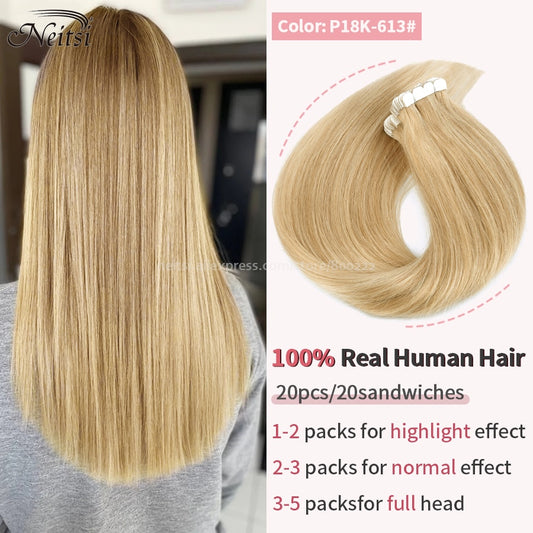 Neitsi Mini Tape In Human Hair Adhesive Extensions 12&quot;-24&quot; Blonde Remy Straight Invisible Skin Weft 100% Real Natural Glue Hair