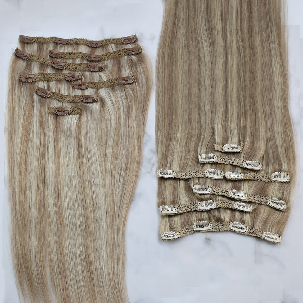 VeSunny Clip In Hair Extension Human Hair Highlight Blonde Color Seamless 105g/7pcs Double Weft Natural Human Hair Extension