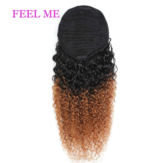 FEELME Afro Kinky Curly Ponytail Human Hair Ombre Burgundy Brazilian Curly Drawstring Ponytail Hair Extensions 1b/30 Remy Hair