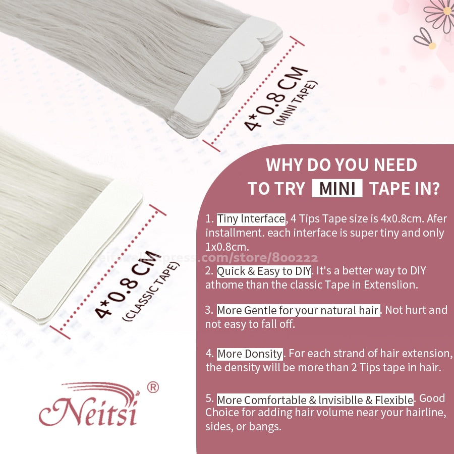 Neitsi Mini Tape In Human Hair Adhesive Extensions 12&quot;-24&quot; Blonde Remy Straight Invisible Skin Weft 100% Real Natural Glue Hair