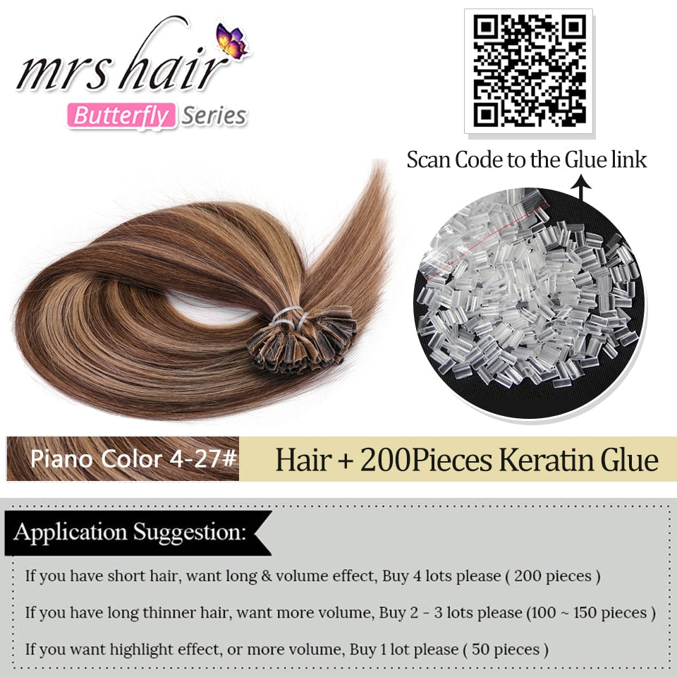 MRS HAIR Keratin Hair Extension U Tip Hair Extensions Human Hair Natural Hair Extension Nail Bond Capsule  Non-remy 50g/pack