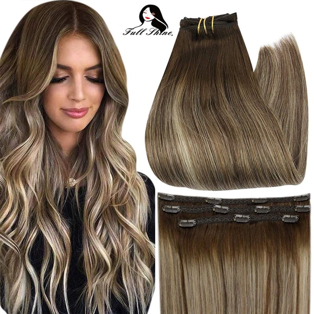 Full Shine 50 Grams Clip On Human Hair Extensions Ombre Color 3Pcs 100% Machine Remy Human Hair Hairpins Clip In Hair Extensions