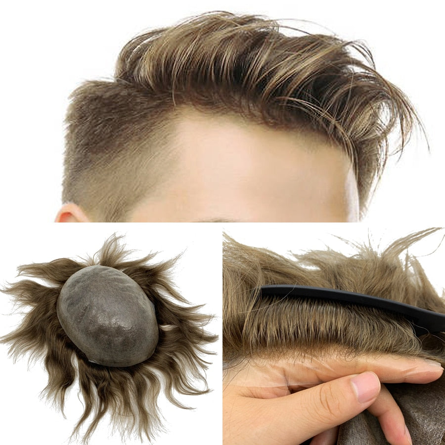 Invisible Knot Natural Hairline Men Toupee 100% Euro-Touch Human Hair Front Toupee