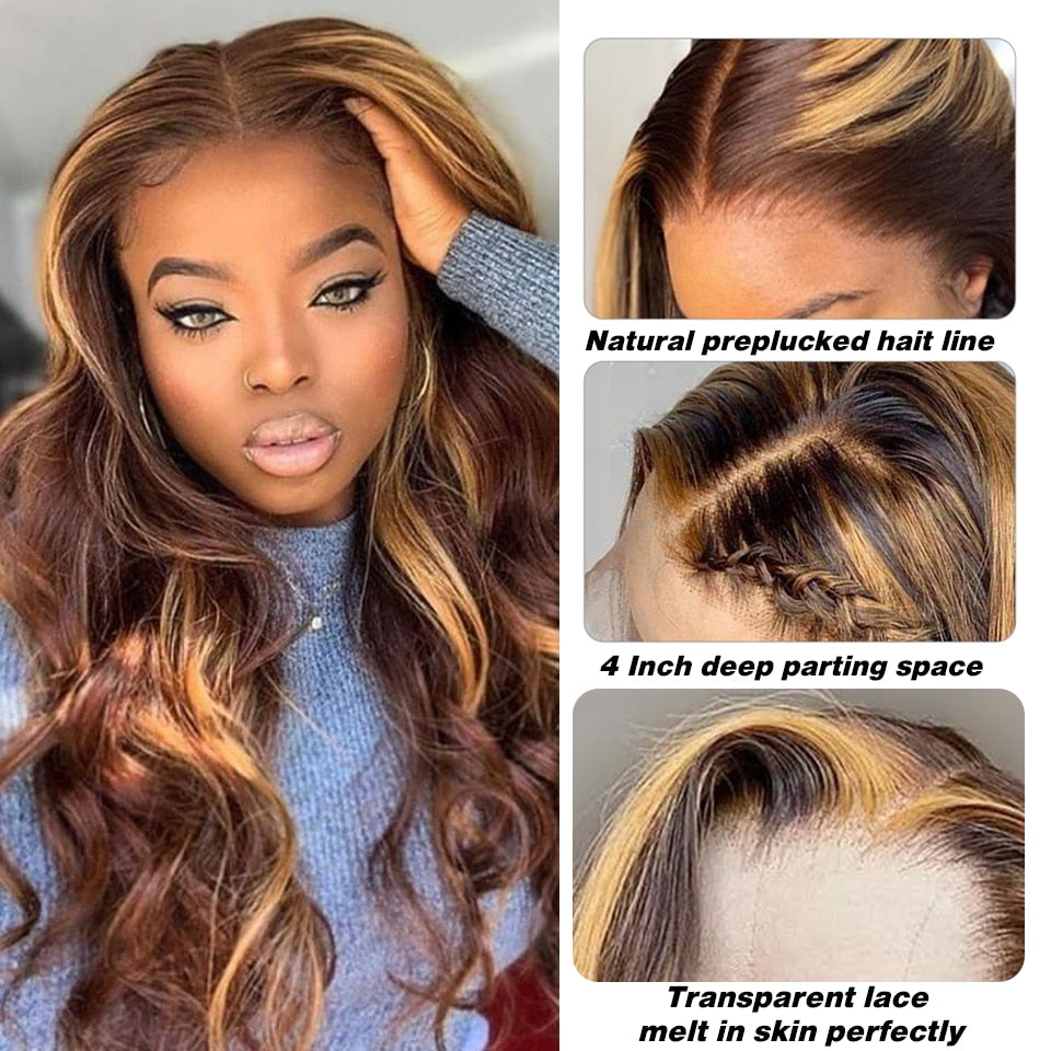 Honey Blonde Highlight Wig Human Hair Body Wave Lace Front Wig Colored Remy Human Hair 13x6 13x4 HD Lace Frontal Wigs For Women