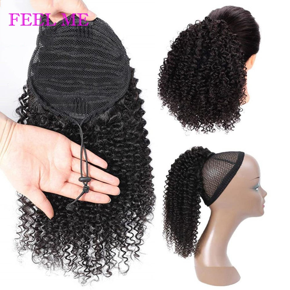 FEELME Afro Kinky Curly Ponytail Human Hair Ombre Burgundy Brazilian Curly Drawstring Ponytail Hair Extensions 1b/30 Remy Hair