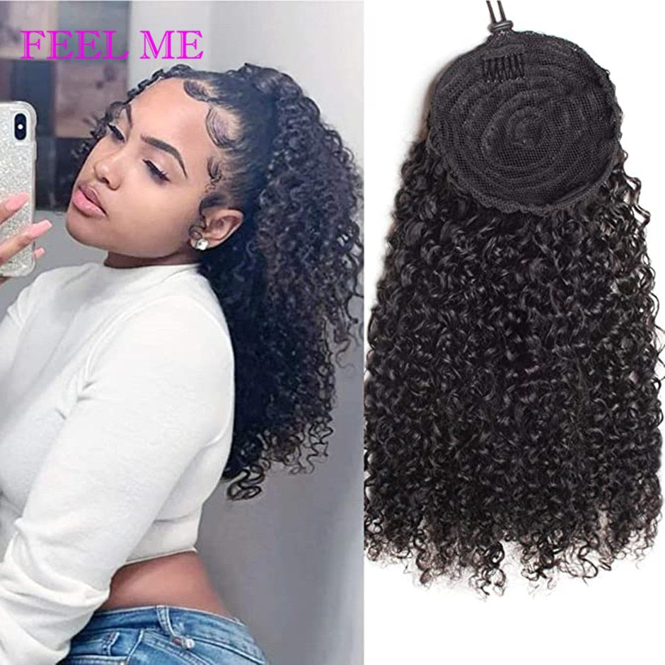 FEELME Afro Kinky Curly Ponytail Human Hair Ombre Burgundy Brazilian Curly Drawstring Ponytail Hair Extensions 1b/30 Remy Hair