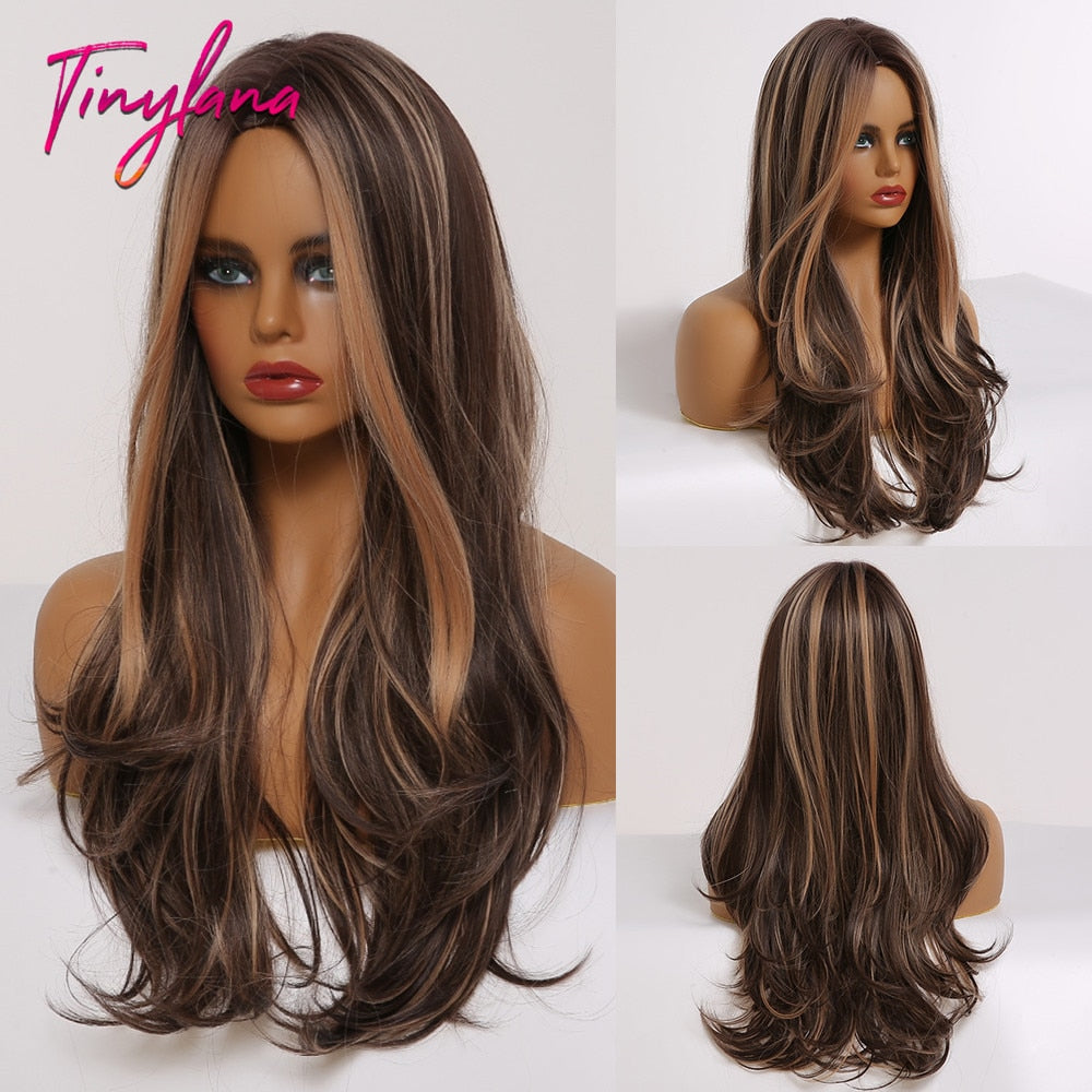 TINY LANA Long Wavy Blonde Synthetic Wigs with Highlights Middle Part for Afro Women Cosplay Natural Hair Heat Resistant Fibre