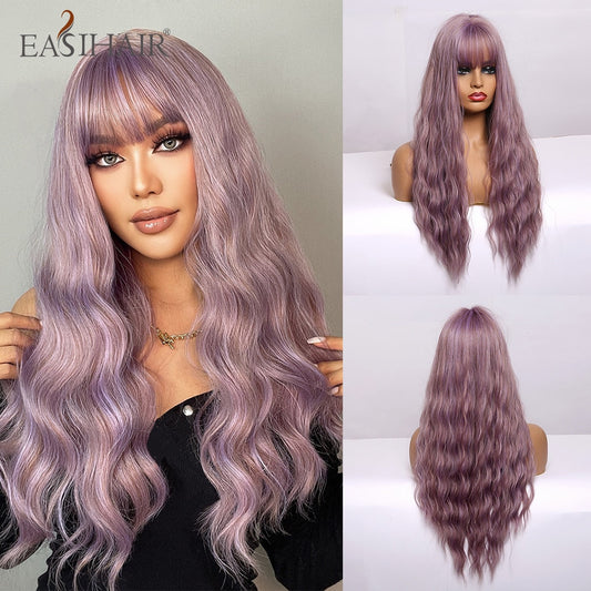 EASIHAIR Long Mix Purple Women&#39;s Wigs With Bangs Synthetic Hair Wigs for Women Cute Heat Resistant Cosplay Wigs