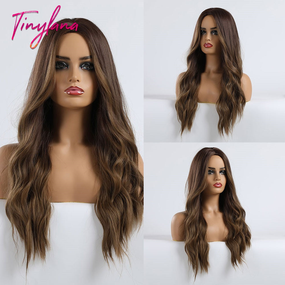 TINY LANA Long Wavy Blonde Synthetic Wigs with Highlights Middle Part for Afro Women Cosplay Natural Hair Heat Resistant Fibre