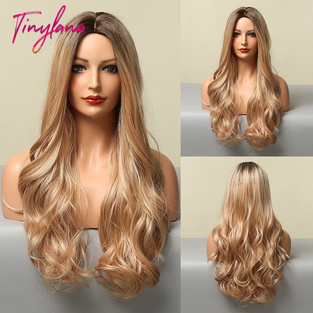 TINY LANA Long Wavy Blonde Synthetic Wigs with Highlights Middle Part for Afro Women Cosplay Natural Hair Heat Resistant Fibre