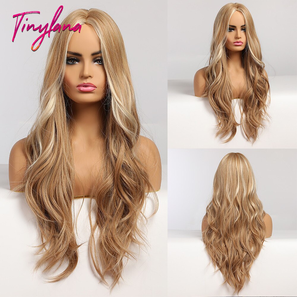 TINY LANA Long Wavy Blonde Synthetic Wigs with Highlights Middle Part for Afro Women Cosplay Natural Hair Heat Resistant Fibre