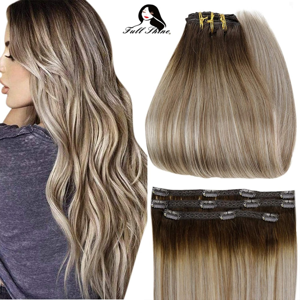 Full Shine 50 Grams Clip On Human Hair Extensions Ombre Color 3Pcs 100% Machine Remy Human Hair Hairpins Clip In Hair Extensions