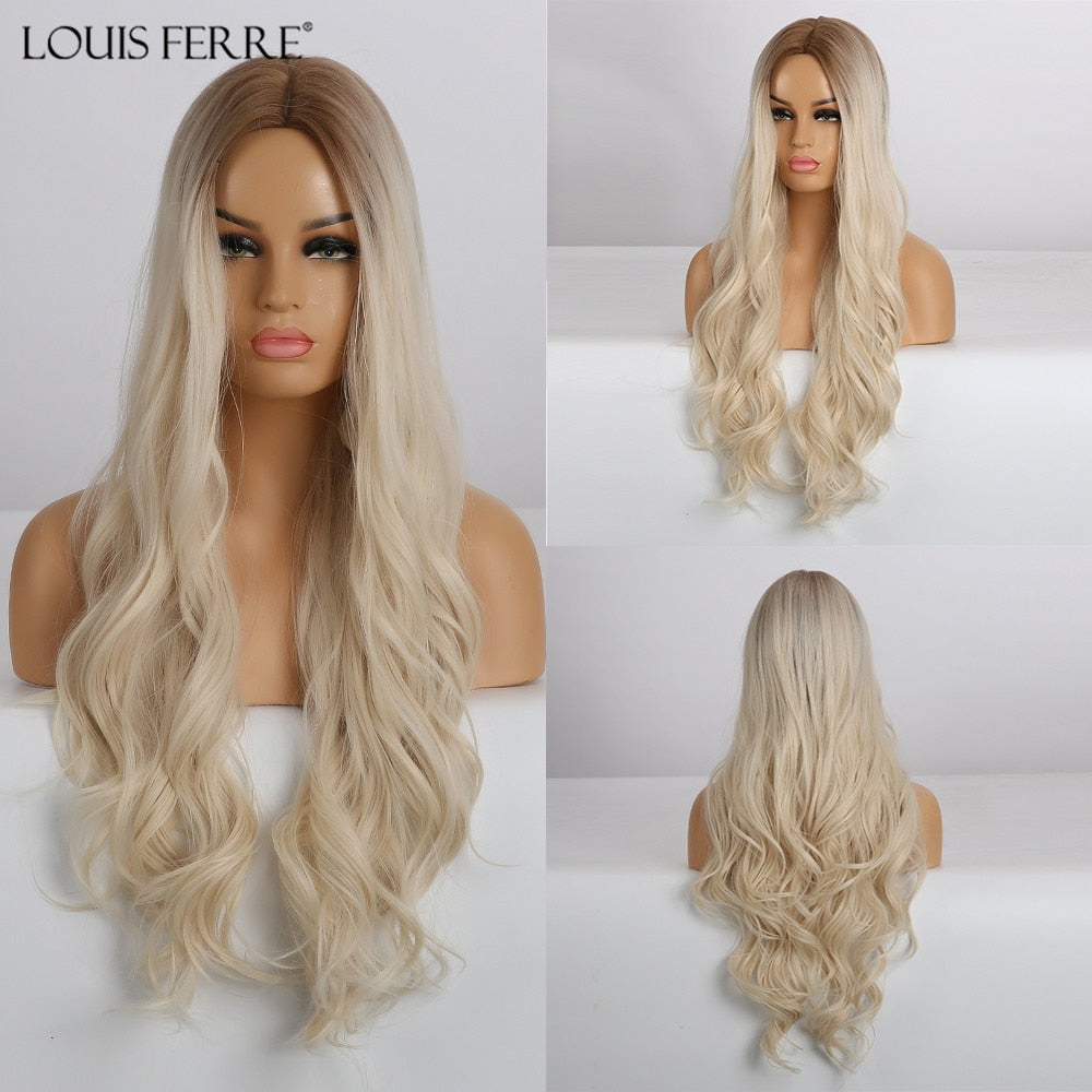 LOUIS FERRE Synthetic Ombre Wig for Women Brown Highlights on Blonde Hair Wig Long Wave Wig Natural Looking Heat Resistant Fibre