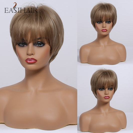 EASIHAIR Short Women Brown Wigs with Bangs Synthetic Wigs Layered Natural Hair Bob Wig Cosplay Daily Wigs Heat Resistant