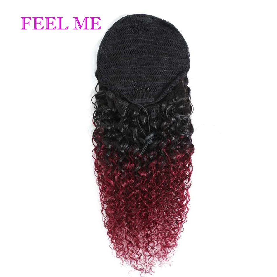 FEELME Afro Kinky Curly Ponytail Human Hair Ombre Burgundy Brazilian Curly Drawstring Ponytail Hair Extensions 1b/30 Remy Hair