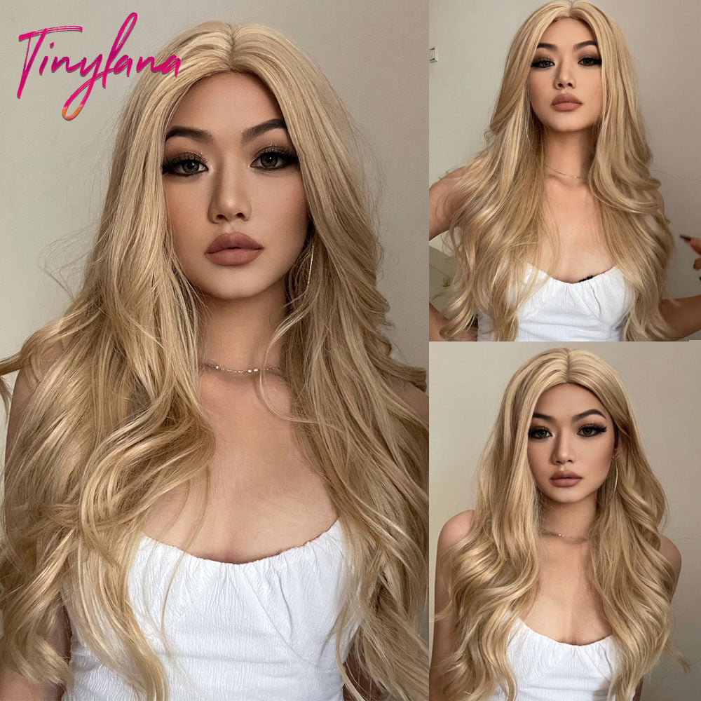 TINY LANA Long Wavy Blonde Synthetic Wigs with Highlights Middle Part for Afro Women Cosplay Natural Hair Heat Resistant Fibre