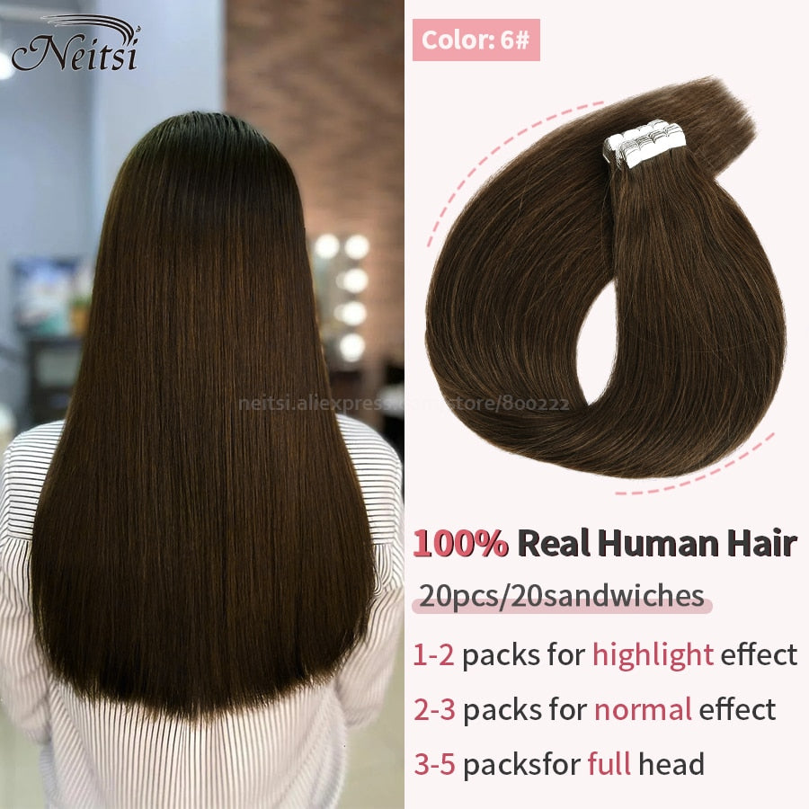 Neitsi Mini Tape In Human Hair Adhesive Extensions 12&quot;-24&quot; Blonde Remy Straight Invisible Skin Weft 100% Real Natural Glue Hair