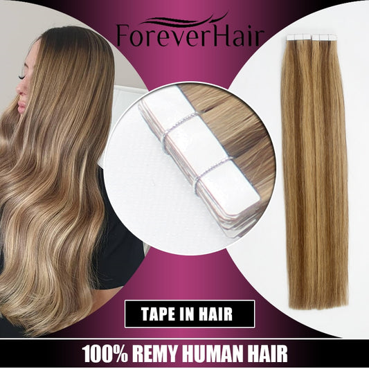 FOREVER HAIR 2.0g/pc Tape In Natural Human Hair Extensions Ash Blonde European Skin Weft Remy Hair Extensions 16&quot; 18&quot; 20&quot; 22&quot;