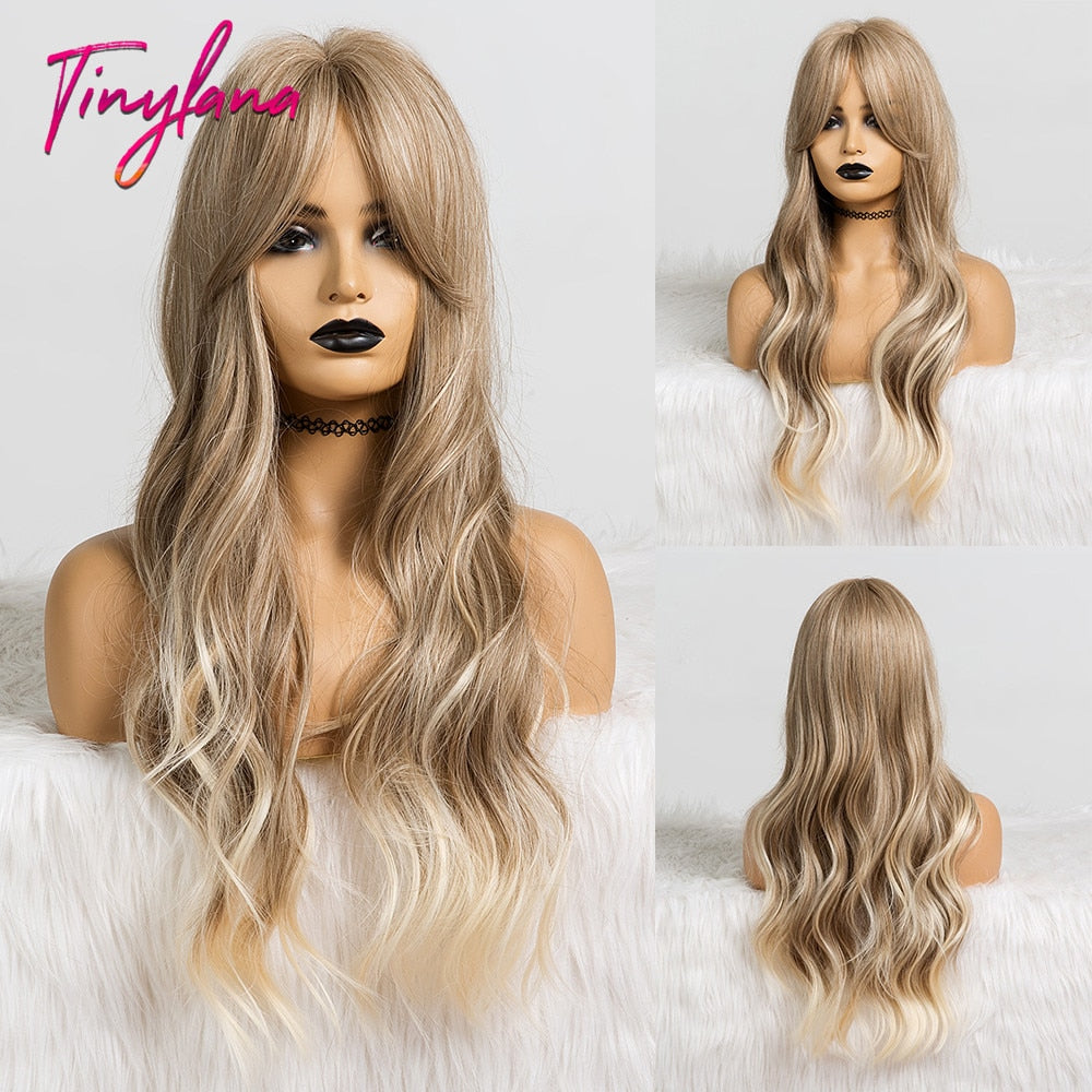 TINY LANA Long Wavy Blonde Synthetic Wigs with Highlights Middle Part for Afro Women Cosplay Natural Hair Heat Resistant Fibre