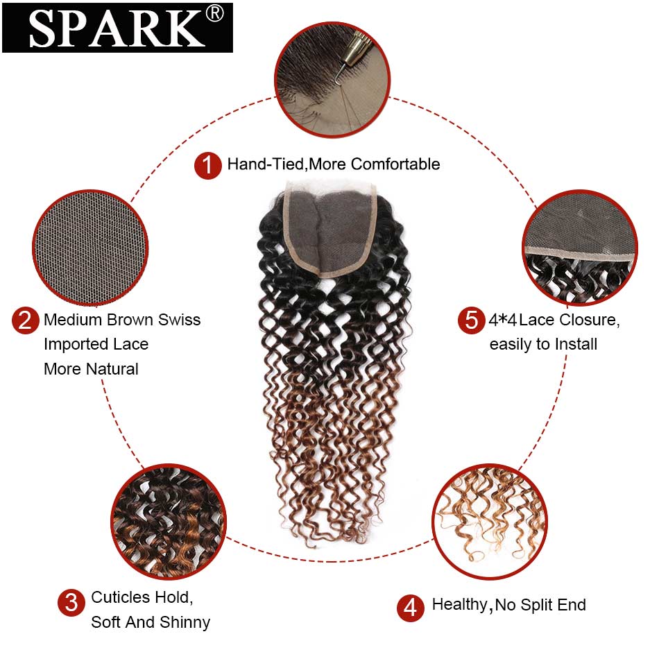 Ombre SPARK Brazilian Human Hair Weave Bundles With Closure Afro Kinky Curly Hair With Closure Remy Human Hair Extensions Black