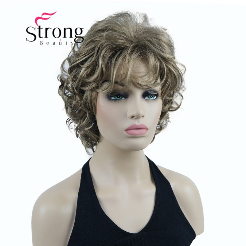 StrongBeauty Short Wig Soft Tousled Curls Blonde Highlights Full Synthetic Wigs COLOUR CHOICES