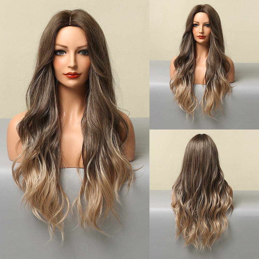 LOUIS FERRE Synthetic Ombre Wig for Women Brown Highlights on Blonde Hair Wig Long Wave Wig Natural Looking Heat Resistant Fibre