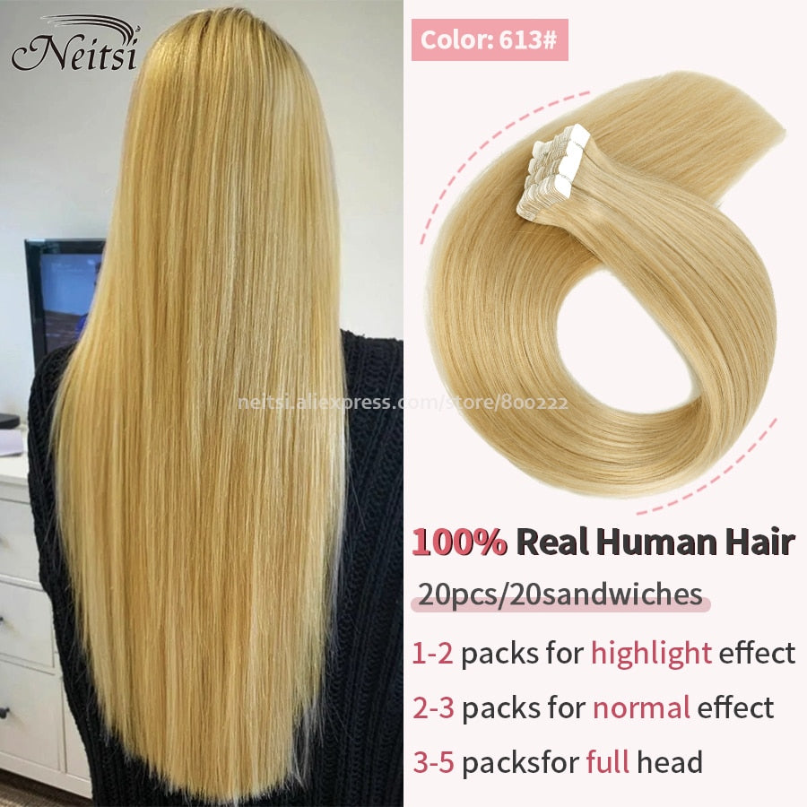 Neitsi Mini Tape In Human Hair Adhesive Extensions 12&quot;-24&quot; Blonde Remy Straight Invisible Skin Weft 100% Real Natural Glue Hair