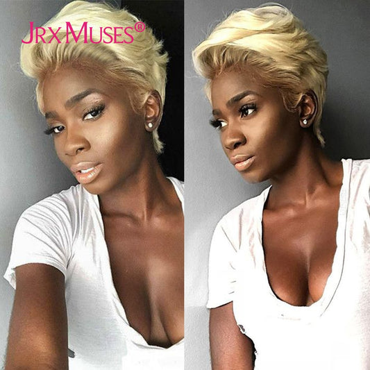 Blonde Color 613 Short Human Hair Wigs For Black Women Pixie Cut Brazilian 4x4 Closure Wigs Preplucked With Baby Hair