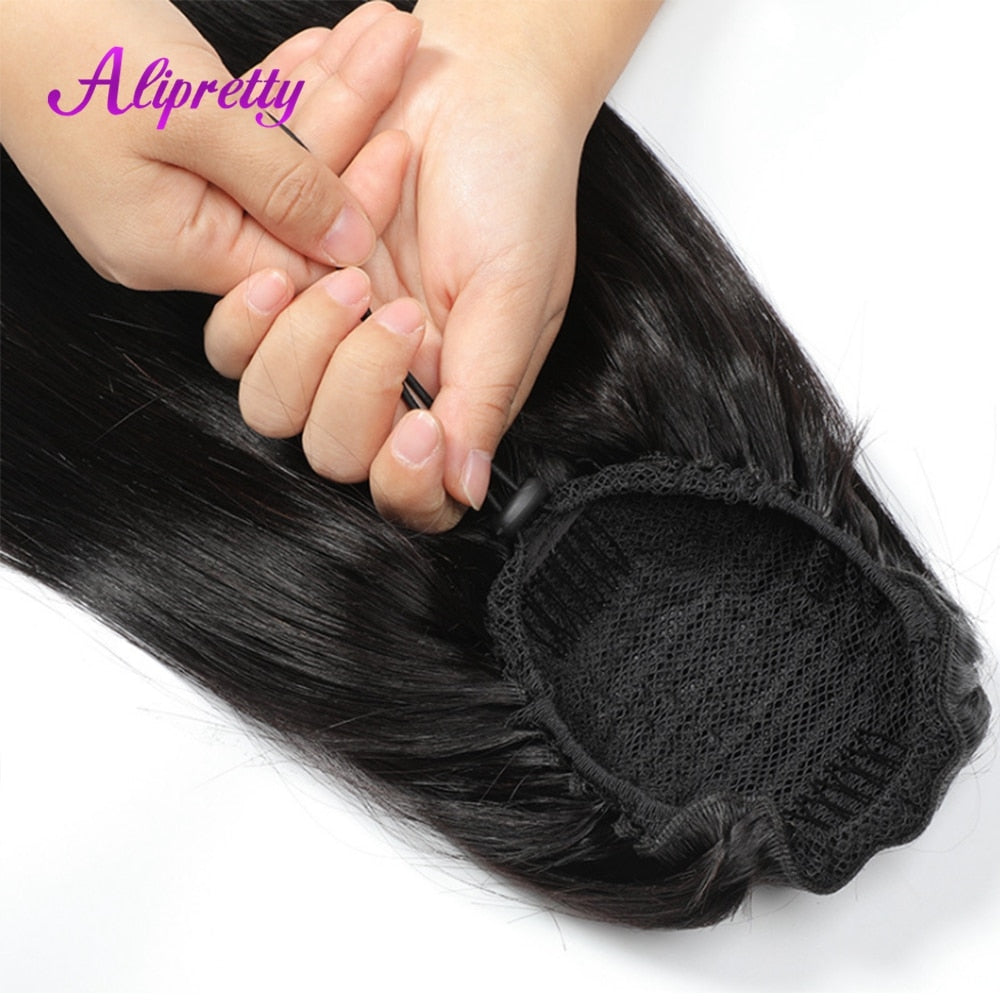 Ponytail Human Hair Extensions With Clip In Drawstring Ponytail Straight Brazilian Hair Ponytails For Women Remy 1  Piece