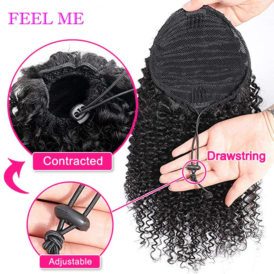 FEELME Afro Kinky Curly Ponytail Human Hair Ombre Burgundy Brazilian Curly Drawstring Ponytail Hair Extensions 1b/30 Remy Hair