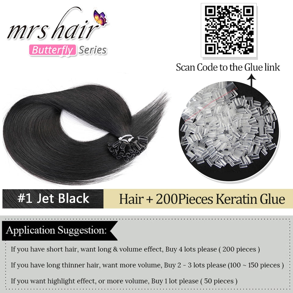 MRS HAIR Keratin Hair Extension U Tip Hair Extensions Human Hair Natural Hair Extension Nail Bond Capsule  Non-remy 50g/pack