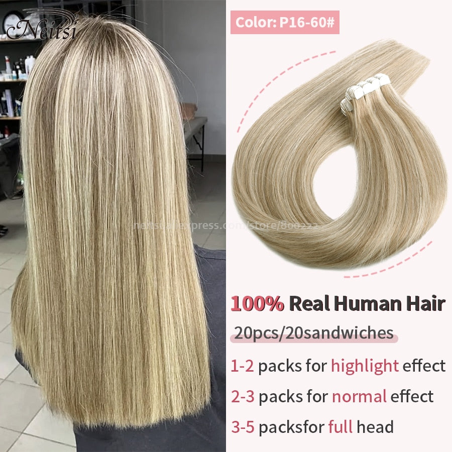 Neitsi Mini Tape In Human Hair Adhesive Extensions 12&quot;-24&quot; Blonde Remy Straight Invisible Skin Weft 100% Real Natural Glue Hair