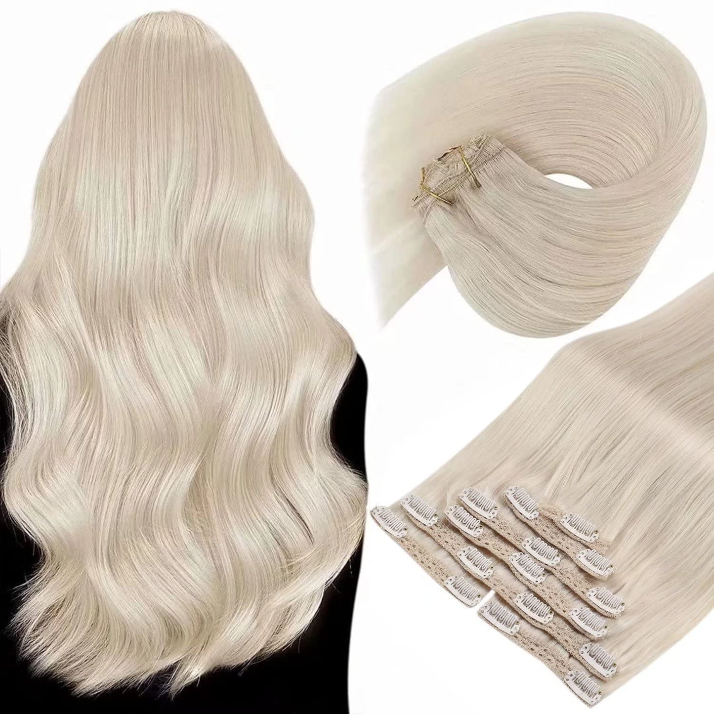 VeSunny Clip In Hair Extension Human Hair Highlight Blonde Color Seamless 105g/7pcs Double Weft Natural Human Hair Extension