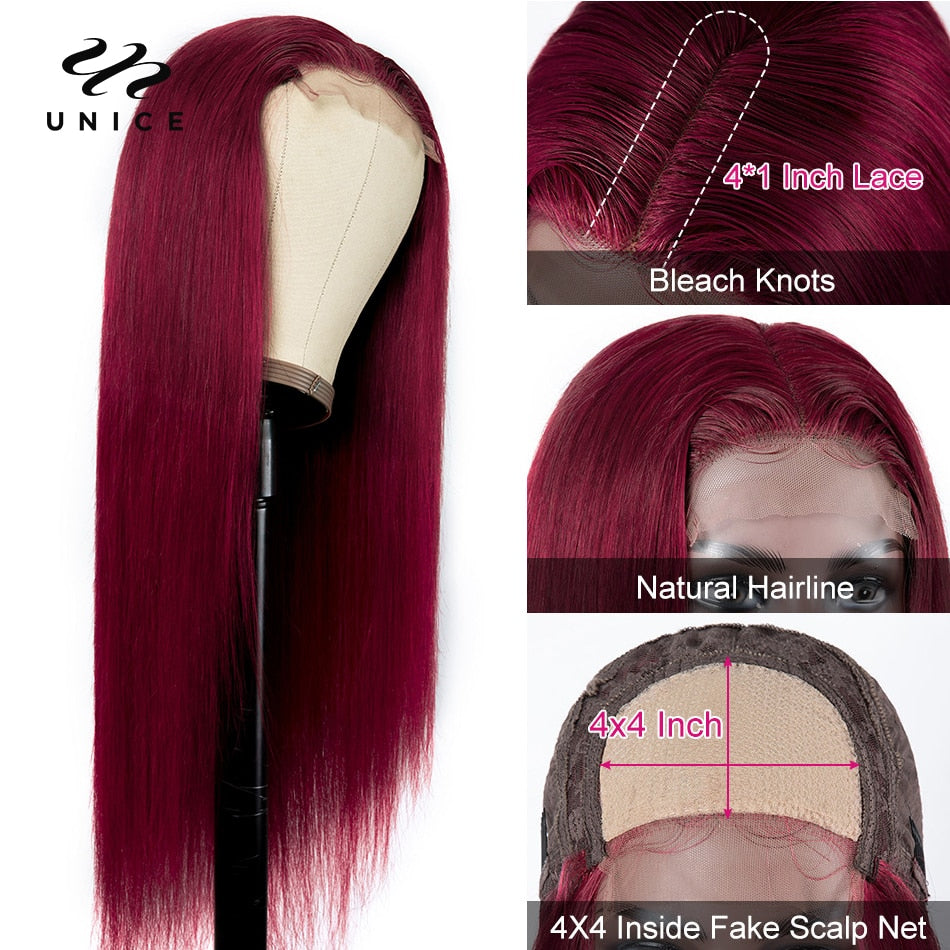 Unice Hair 13x4 Burgundy Lace Front Wig Human Hair Wigs 150% Density Pre Plucked 99J  Lace Front Human Hair Wigs