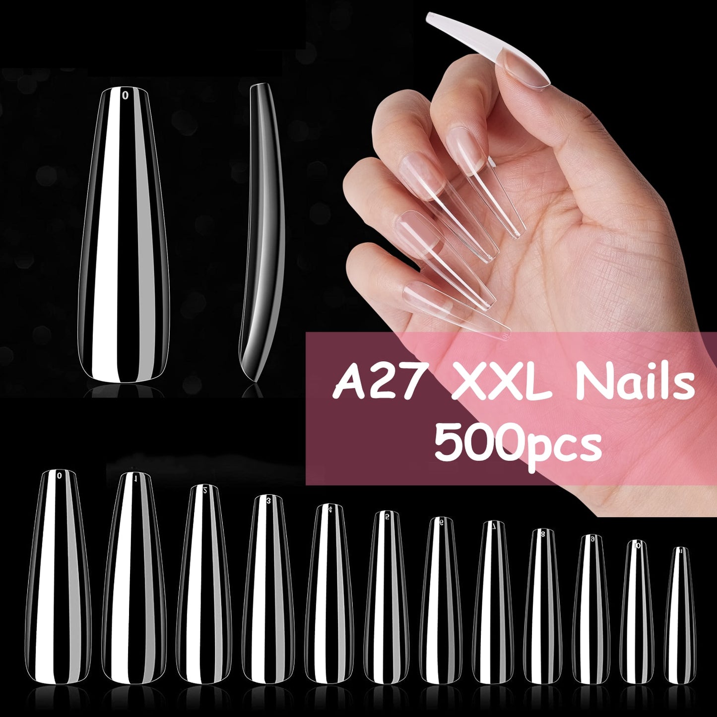 Makartt 500pcs Coffin Fake Nail Tips Clear Natural XXL Gel Tips Full Cover False Acrylic Stiletto Ballerina Nails Press on Nail