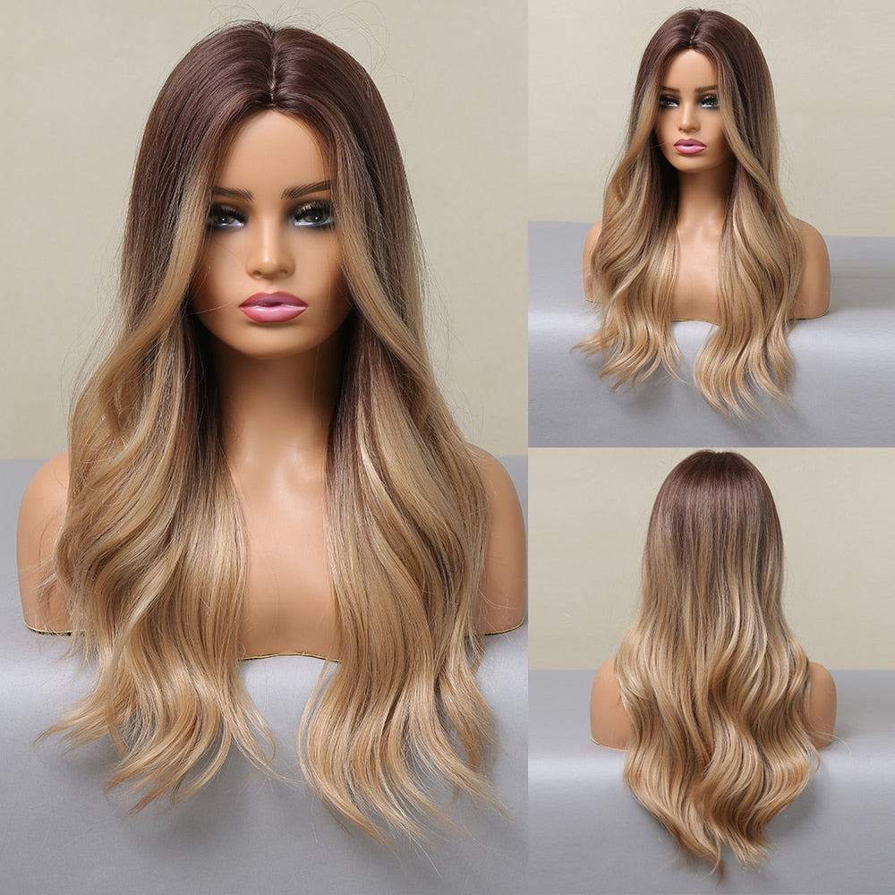 LOUIS FERRE Synthetic Ombre Wig for Women Brown Highlights on Blonde Hair Wig Long Wave Wig Natural Looking Heat Resistant Fibre