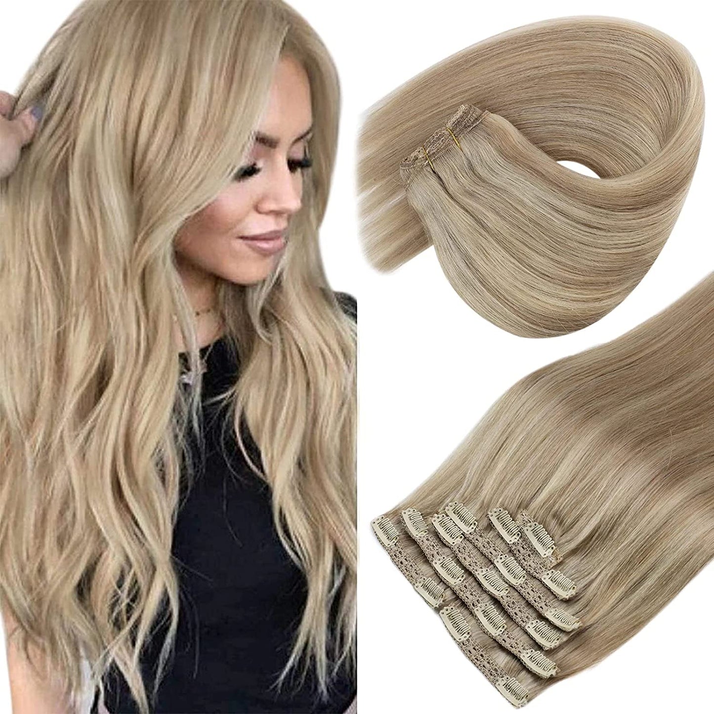 VeSunny Clip In Hair Extension Human Hair Highlight Blonde Color Seamless 105g/7pcs Double Weft Natural Human Hair Extension