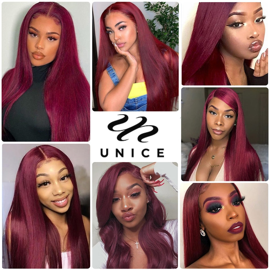 Unice Hair 13x4 Burgundy Lace Front Wig Human Hair Wigs 150% Density Pre Plucked 99J  Lace Front Human Hair Wigs