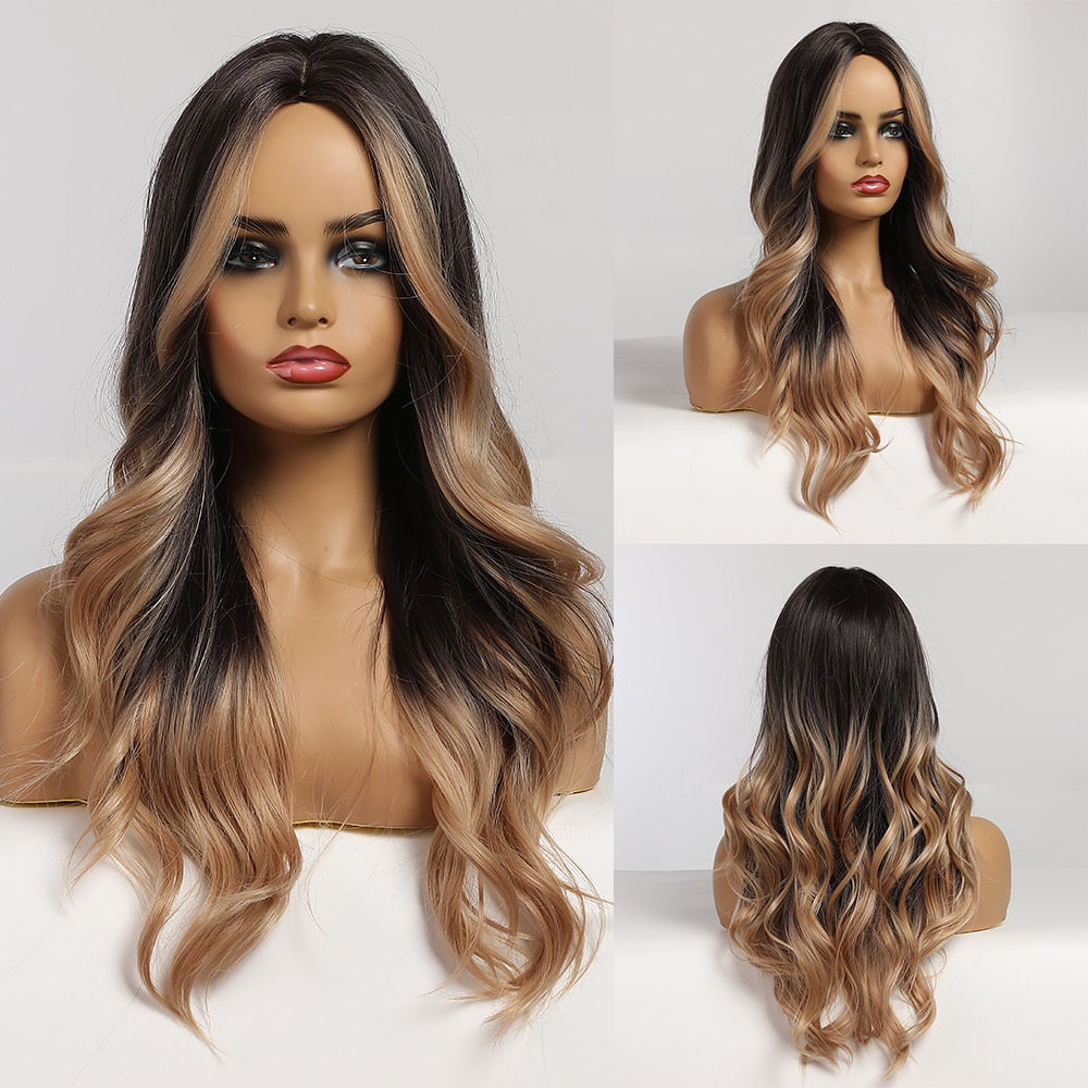 LOUIS FERRE Synthetic Ombre Wig for Women Brown Highlights on Blonde Hair Wig Long Wave Wig Natural Looking Heat Resistant Fibre