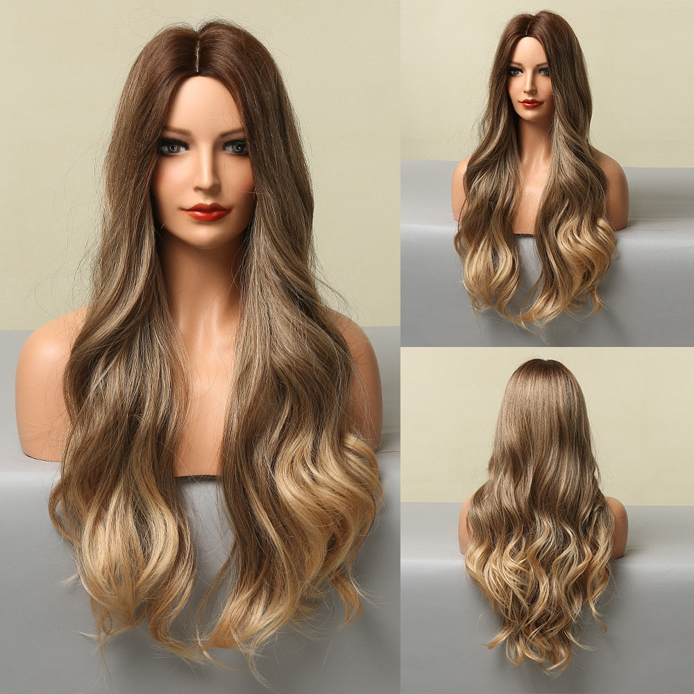 LOUIS FERRE Synthetic Ombre Wig for Women Brown Highlights on Blonde Hair Wig Long Wave Wig Natural Looking Heat Resistant Fibre