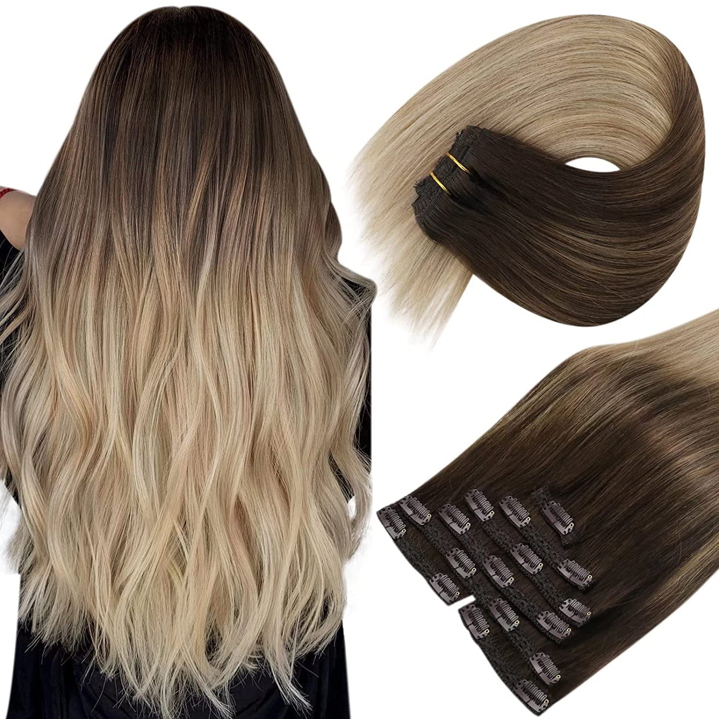 VeSunny Clip In Hair Extension Human Hair Highlight Blonde Color Seamless 105g/7pcs Double Weft Natural Human Hair Extension