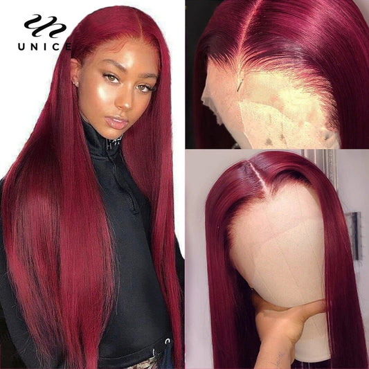 Unice Hair 13x4 Burgundy Lace Front Wig Human Hair Wigs 150% Density Pre Plucked 99J  Lace Front Human Hair Wigs