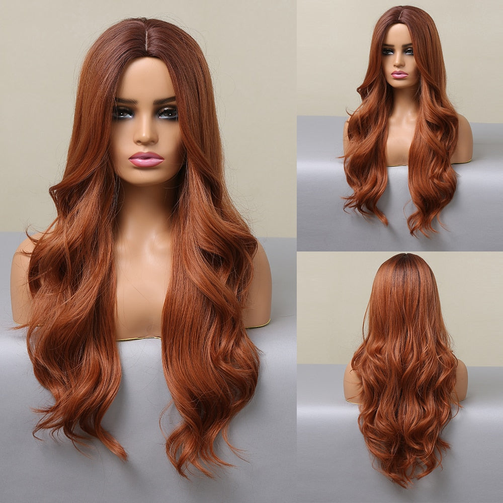 LOUIS FERRE Synthetic Ombre Wig for Women Brown Highlights on Blonde Hair Wig Long Wave Wig Natural Looking Heat Resistant Fibre