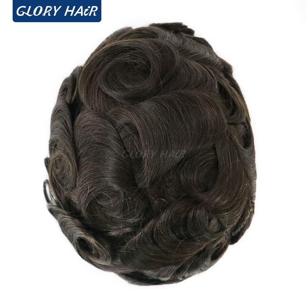 130% Density Male Hair Prosthesis India Human Hair Thickness PU Second Skin Men Wigs for Hair Loss