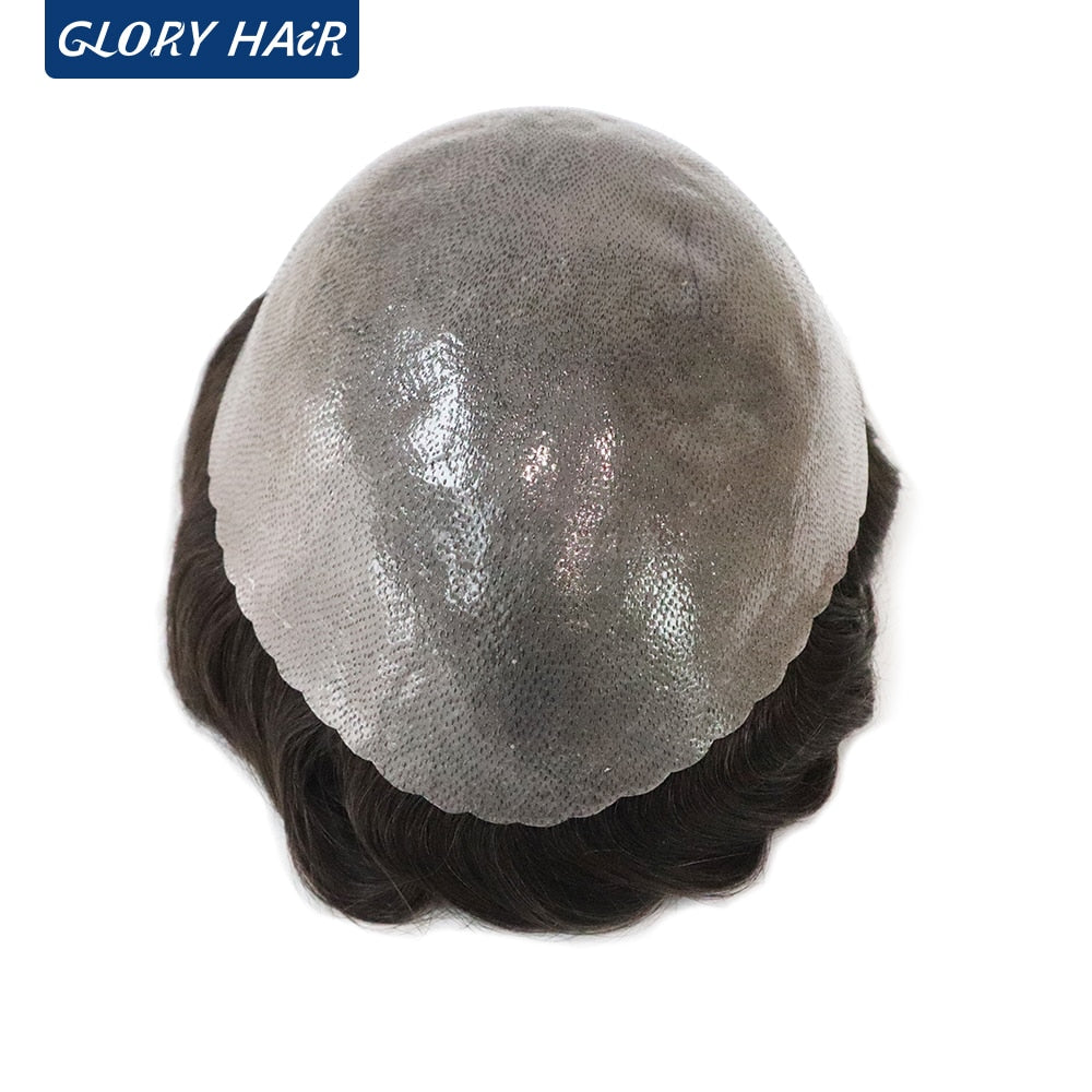 130% Density Male Hair Prosthesis India Human Hair Thickness PU Second Skin Men Wigs for Hair Loss