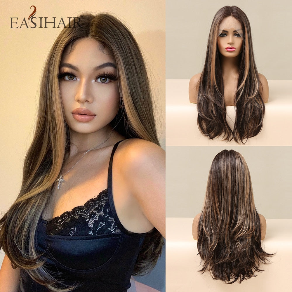 EASIHAIR Straight Blonde Lace Front Synthetic Wigs with Baby Hair Long Women&#39;s Lace Wigs High Density Natural Wig Heat Resistant